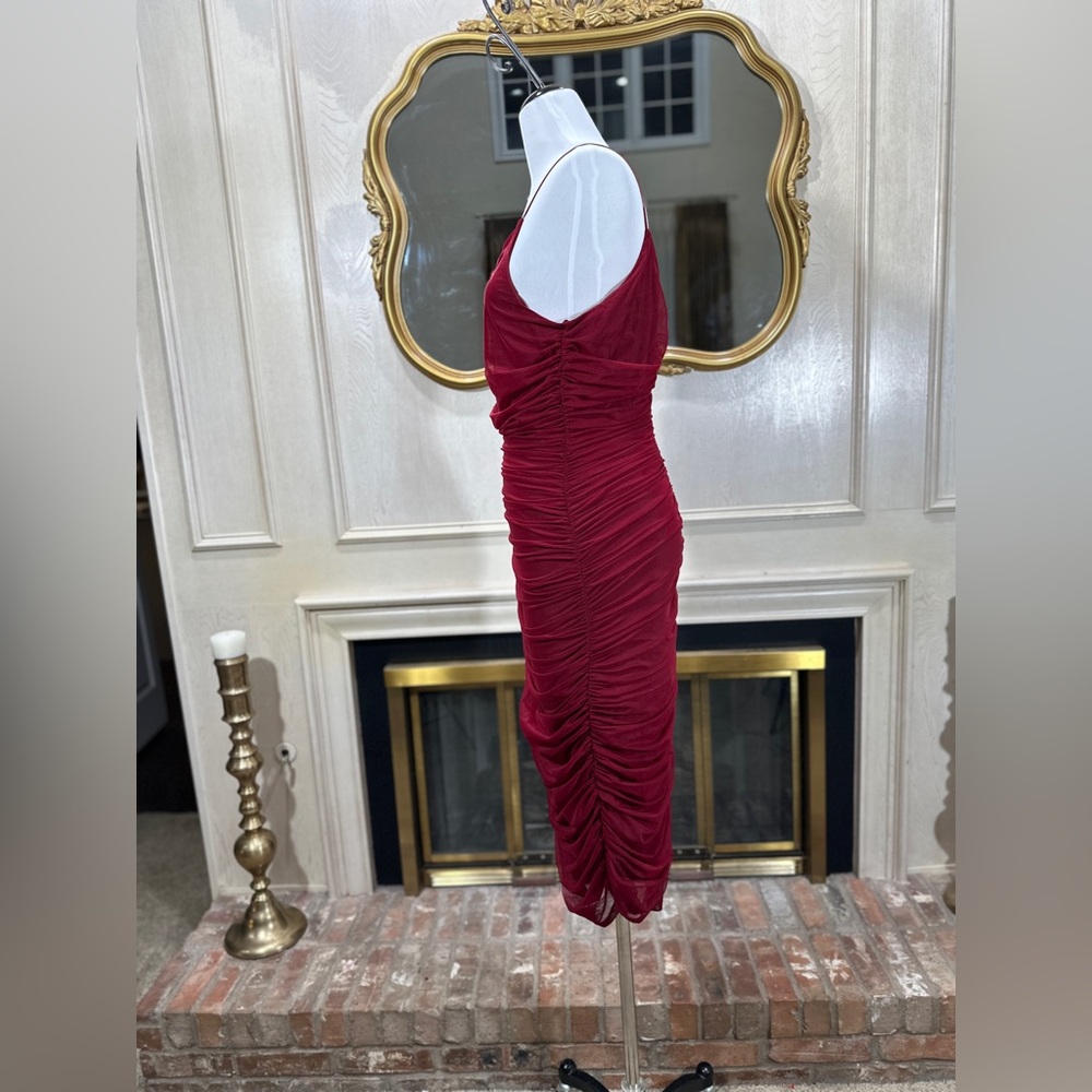 Gianni Bini Red Ruched Mesh One Shoulder Bodycon Dress XL Asymmetrical Cocktail - Picture 2 of 10